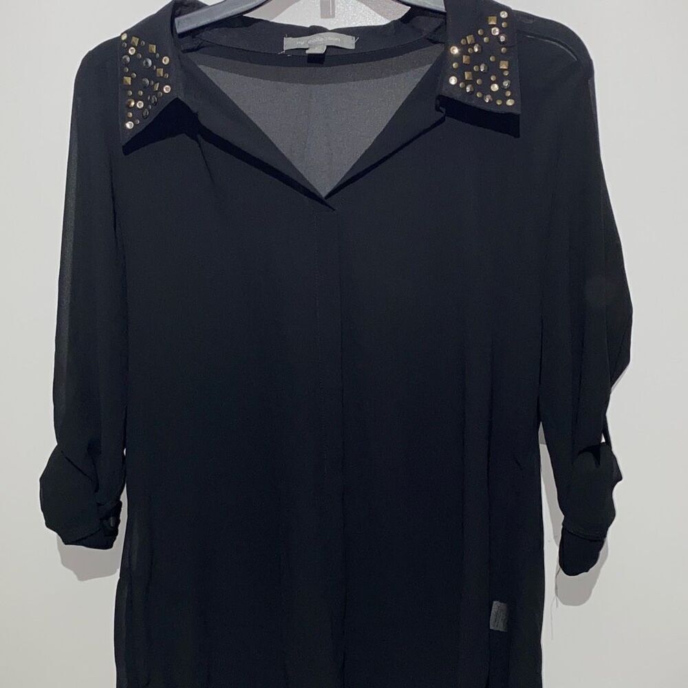 NY Collection Top Women's Large Black Chiffon Studded Collar Roll Tab Sleeve NWT